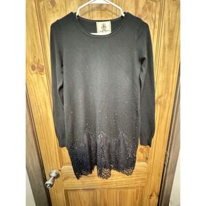 Fleur De Lis Black Tunic Sweater Small Beaded Lace Hem Soft Stretch‎ Gothic Boho
